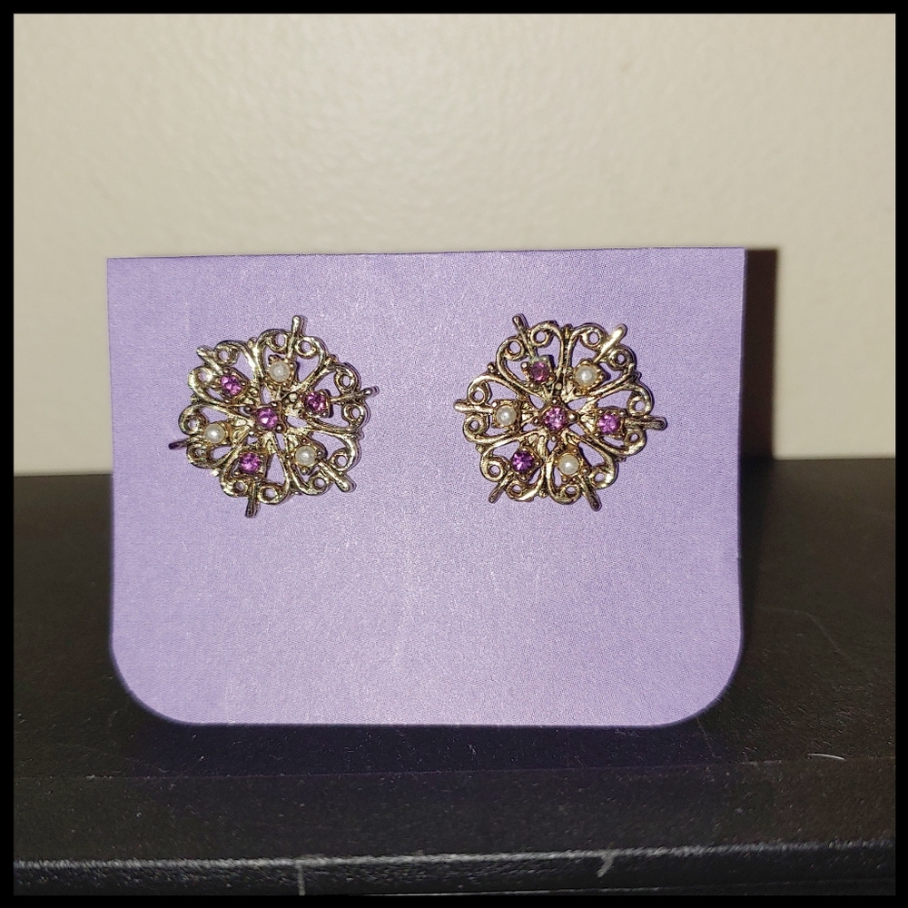 Vintage Pierced Faux Pearl and Purple Rhinestone Earrings